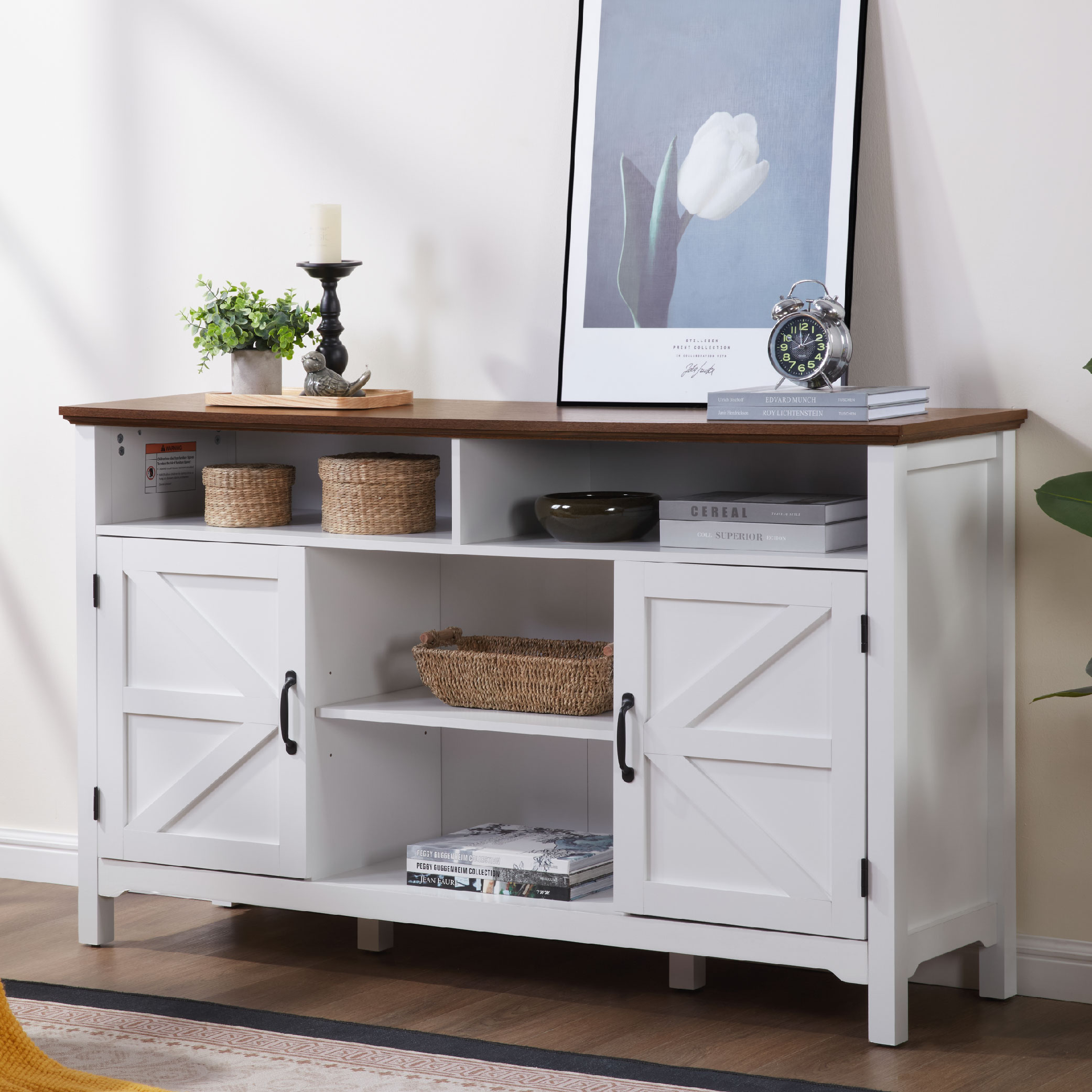 Farmhouse Sideboard Buffet Cabinet With Hinged Barn Doors, 58" Large Kitchen Storage Cabinet With Adjustable Shelves, Antique White Wood Coffee Bar Table For Dining Room, Living Room, Enterway_voghion.com